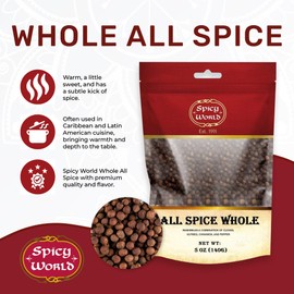 Allspice Whole Berries 5 Ounce Bag - by Spicy World (All Spice) | All Spice Pimento Jamaica Pepper for Cooking & Seasoning | Versatile Berry for Curries, Soups and even Pastries