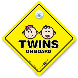 Twins on Board Car Sign, Twins VCar Window Sign, One of Each Twin Sign, Yellow and Black Car Sign with Rubber Suction Cup