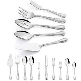 65-Piece Silverware Set with Serving Utensils, HaWare Stainless Steel Flatware Service for 12, Pearled Edge Tableware Cutlery for Home Restaurant Party, Mirror Polished, Dishwasher Safe
