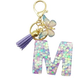 MBZRQKZS Purple Letter A-Z Keychain for Women Tassel Butterfly Key Ring for Purse Handbag Car Keys,M
