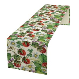 Summer Strawberry Fruit Table Runner, Colorful Botanical Fruit Floral Vintage Rustic Farmhouse Spring Holiday Pattern for Home Table Decor Kitchen Dining Coffee Room Party Decor 13x36in