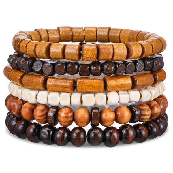 Telooco Pack of 6 Pearl Bracelets Men's Multi-Layer Wooden Beads