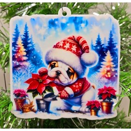 Bulldog Ornament - Winter Themed Bulldog Poinsettia Christmas Ornament