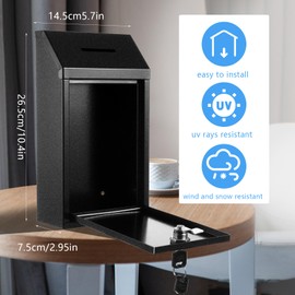Metal Donation Box Collection Box Suggestion Box with Lock Wall Mounted Mailbox Delivery Ballot Box Safe Ballot Box Key Drop Box for Home Office Outdoor Door, 10.24 x 8.66 x 3.15 Inch
