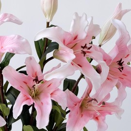 ZYTUYO 2 PCS 35" Pink Artificial Lily Flowers PU Large Long Stem Faux Lily Real Touch Lilies with 2 Silk Big Flower Heads and 1 Bud Lily Fake Bouquets for Easter Party Garden Spring Decor