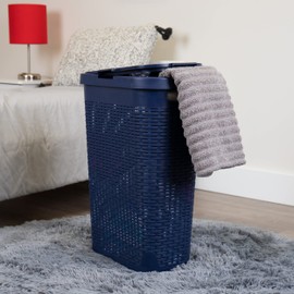 Mind Reader 40L Slim Laundry Hamper, Clothes Basket, Lid, Wicker Design, Plastic, 18"L x 10.4"W x 23.5"H, Navy