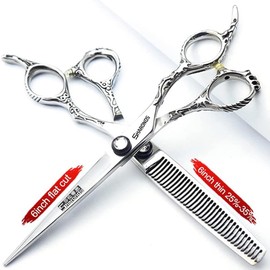 6/6.5/7 Inch Hairdressing Scissors 440c High Hardness Fine Pattern Professional Salon Hairdresser Hair Cutting and Thinning Hairstyle Pruning Tool (6 Inch 2-Piece Set)