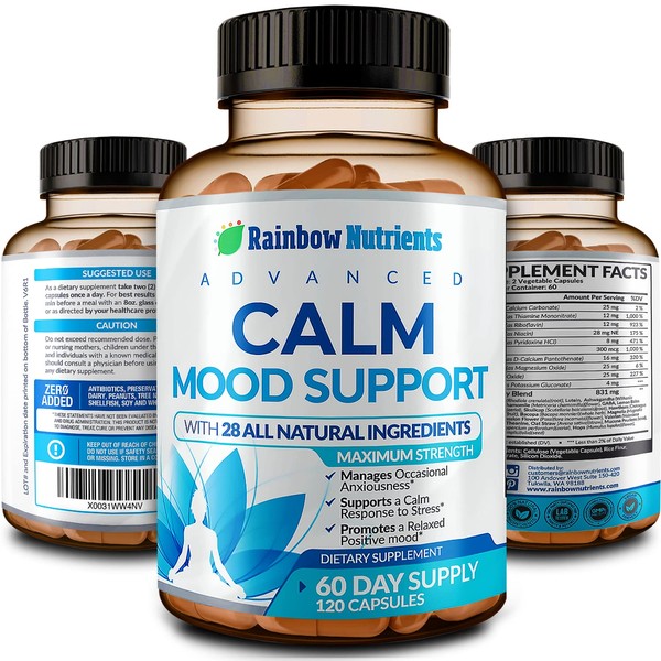 28 in 1 Calm Mood Support Supplement- Natural Happy Pills for Occasional Anxiousness & Stress, Worry Feelings, Relaxation, Mental Clarity | Max Sleep & Mood Support for Women & Men|120 Vegan Capsules