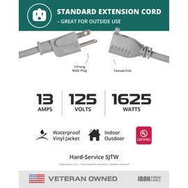 Iron Forge Cable Gray Outdoor Extension Cord 10 ft, 16/3 SJTW 10 Foot Grey 3 Prong Extension Cord Outdoor & Indoor, Weatherproof 13 Amp Heavy Duty Power Cable