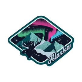 Die Cut Sticker Alaska, Northern Lights, Mountains, Moose, Vector, Contour Vinyl Sticker 1 to 3 inches (Waterproof Decal for Cars, Water Bottles, Laptops, Coolers), Small