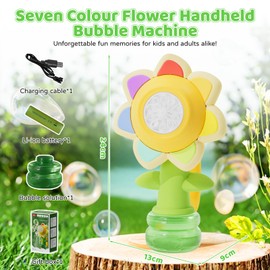 Flower Bubble Machine for Kids Automatic Sunflower Bubble Toy with LED Lighting & 10 Refill Solutions, Fun Swing Dance Bubble Maker Rechargeable Bubble Blower for Outdoor Summer Play (Yellow)