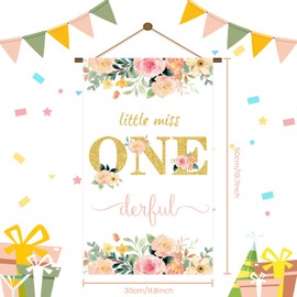 Floral 1st Birthday Door Sign Banner Decorations for Girls Little Miss Onederful 1st Birthday Porch Front Door Sign Banner Hanger for Baby Shower First Birthday Cruise Ship Door Decor Party Supplies
