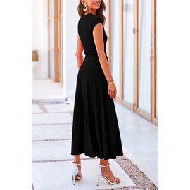 PRETTYGARDEN Women's 2 Piece Summer Outfits Dressy Casual Knit Short Sleeve Crop Top High Waist Midi Skirt Set (Black,X-Large)