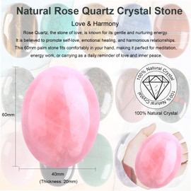 60 mm Large Rose Quartz Natural Crystals Stone, Pink Oval Worry Stones Healing Stones Polished Palm Stones Energy Stone for Reiki, Anxiety Relief, Meditation, Decoration, Collection, Gift for Women