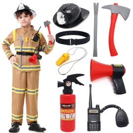 Boys Firefighter Costume Fireman Costume for Kid, Fire Fighter Dress Up Outfit with Toy Accessories Set (Brown, Kid-110)