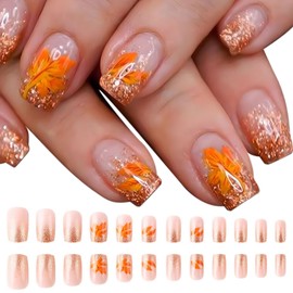 24 Pcs Fall Press on Nails Short Square Fake Nails with Maple Leaf Design, Autumn Glitter Full Cover Glossy Glue on False Nails, Thanksgiving Acrylic Stick on Nails for Women DIY Nail Art Manicure
