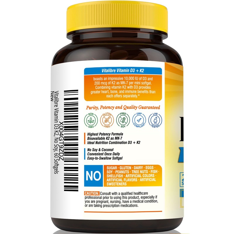Vitalibre Vitamin D3 K2 Supplement, 10000 IU D3 / 200