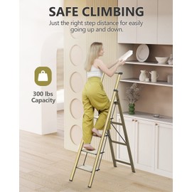 WOA WOA 5 Step Ladder, Ladders for Home, Anti-Slip Pedals, Aluminum Step Stool Foldable, Lightweight to Move, Ease of Storage, Reach 10ft for Closet Kitchen Library, Hold 300lbs - Gold