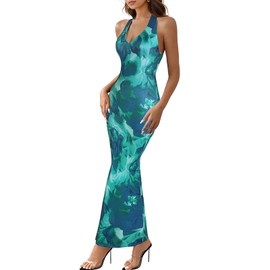 Women's Halter Bodycon Maxi Dress Summer Floral Print Sleeveless Tie Back Party Cocktail Wedding Guest Long Dresses