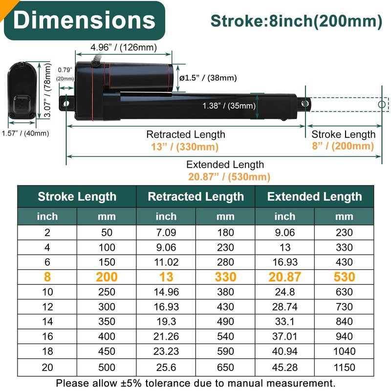 JQDML 8 Inch Stroke Linear Actuator 12V Heavy Duty 440lbs/2000N