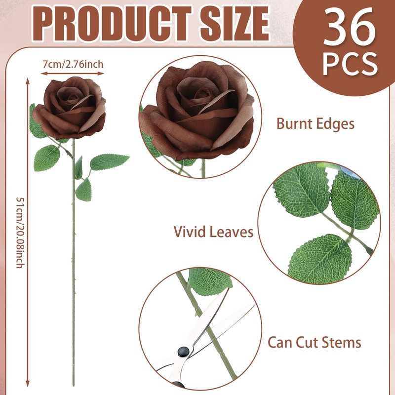 36 Pcs Chocolate Artificial Roses with Long Stems