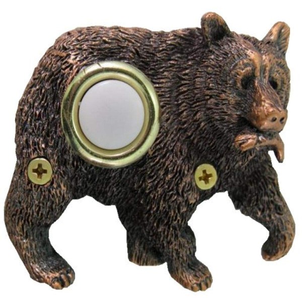 Waterwood Bronze Plated Bear with Fish Doorbell - Wired & Illuminated Push Button Cast in Durable Polyresin