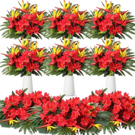 Hotop 8 Set/ 32 Pcs Artificial Tropical Flower Bouquets Bulk for Hawaii Centerpieces Bird of Paradise Lily Bouquet Permanent Flower Tropical Imitation Plant for Party Office Home Decor (Bright Red)