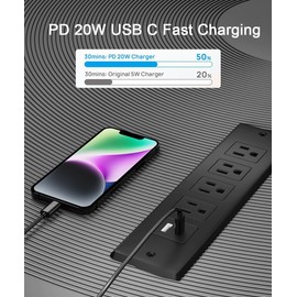 MAZZGOFOR Recessed Power Bar with 20W Fast Charging USB C,Common USB-A Slot,4-AC Desk Outlet,6 ft Power Cord,Black
