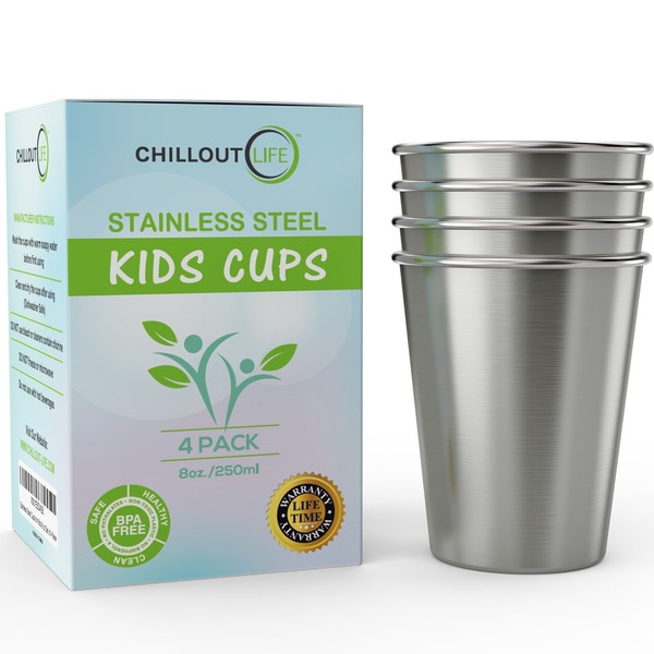 Stainless Steel Cups for Kids and Toddlers 8 oz - Stainless Steel Sippy Cups for Home & Outdoor Activities, BPA Free Healthy Unbreakable Premium Metal Drinking Glasses (4-Pack)