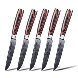 Seido Knives 5-Piece Straight-Edge Steak Knives Set - Full Tang with Ergonomic Pakkawood Handles, Stainless Steel Blades with Damascus Etching