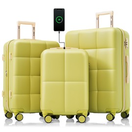 Merax USB 3 Piece ABS Hardside Luggage Sets Expandable Spinner Wheels Suitcase, Olive Yellow, 20/24/28 Inch