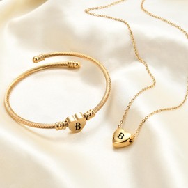 NIBASTAR Heart Jewelry Set Stainless Steel Necklace Bracelet for Women Girls (Gold Color, B)