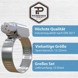 Pangaea Tech Stainless Steel Hose Clamps 12-22 mm Pack of 10 - Professional Quality According to DIN 3017 (W2)