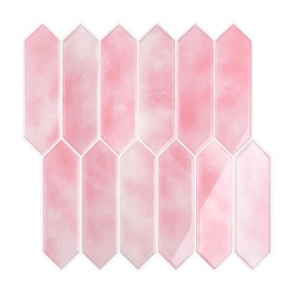 VEELIKE Pink Peel and Stick Backsplash Long Hexagon Self Adhesive Backsplash Tile for Kitchen Bathroom Laundry Room 6 Sheets Stick on Wall Tiles Peel and Stick Waterproof Pink Tile Sticker 12''x12''