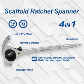 DAKCOS 19mm x 22mm Scaffold Ratchet Wrench, 3/4" x 7/8 Multifunctional Spud Ratchet Podger Wrench with Claw Nail Puller and Hammer Functions, Silver