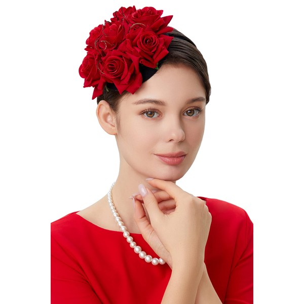 BABEYOND Floral Fascinators for Women Feather Fascinators Headband for Cocktail Tea Party (red)