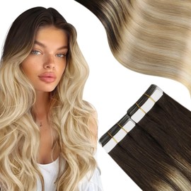 Moresoo Hair Extensions Tape in Real Hair Blonde Human Hair Tape in Hair Extensions Brown Root Ombre to Caramel Blonde with Platinum Blonde Balayage Tape in Extensions 22 Inch 20 Pcs/50g #2/27/613