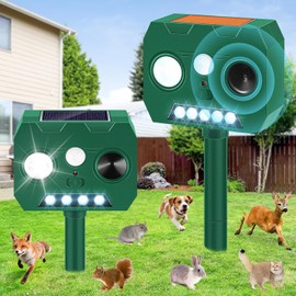Solar Ultrasonic Animal Repellent Outdoor, 2 Pack Cat Repellent Outdoor Deer Repellent Devices with PIR Motion Sensor ＆ LED Flash, Waterproof Squirrel Repeller, Cat, Raccoons, Rabbits, Deer, Skunk