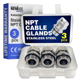 New Age America® 3pcs 1/2" NPT Stainless Steel Cable Glands KableLock™ | NPT 1/2 Inch (8-12mm) | 304 Steel Cord Grip Strain Relief | Adjustable Locknut Cord Grip | IP68 Waterproof | Gland Protectors