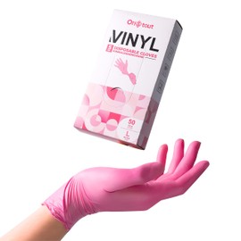 OriStout Disposable Gloves for Women, Pink Vinyl Gloves Disposable Latex Free for Cooking, Food Prep, Cleaning, Hair Dye, Tattoo, Medium Duty, Touch Screen, Large, 50 Pack