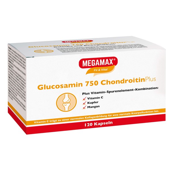 Megamax Glucosamin 750 mg + Chondroitin 120 - Gelenkkapseln hochdosiert + Chondroitin Plus Vitamin-Spurenelement-Kombination: Vitamin C Kupfer Mangan -frei von Stearinsäure -Laktosefrei