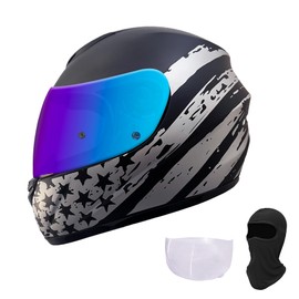 KRN Full Face Motorcycle Motorbike Helmet with Color Visor DOT Approved- Helmet & Balaclava & Clear Visor Star (S)