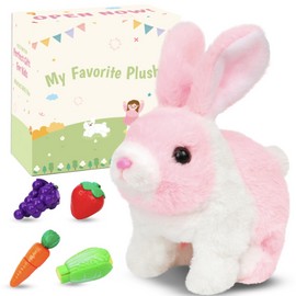 Easfan Hopping Bunny Interactive Pet Plush Bunny Toy Set with Sounds and Movements Rabbit Ears Moving Educational Plush Easter Birthday Gifts for Kids Girls, 7'',White-Pink