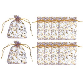 PATIKIL Organza Bags, 50 Pcs 2.8 x 3.5 Inch Mesh Candy Pouch with Drawstring Gold Rose Flower Jewelry Gift Bags for Wedding Christmas Festival Makeup Supply, Purple Gold