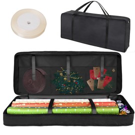 Wrapping Paper Storage, Black, 600D Oxford Storage Bag for Wrapping Paper, Organiser with Decorative Ribbon, Heavy Duty, Waterproof, Tear-Resistant, Wrapping Paper Rolls Organiser, 82 x 35 x 1