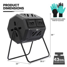 MoNiBloom 43 Gallon Compost Tumbler, Outdoor BPA Free Large Dual Chamber Tumbling Compost Bin All-Season Fast Working Tumbling Composter, High Volume Composter with 2 Sliding Doors