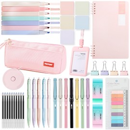 RHUIOKJLDF 45PCS Morandi Color School Supplies Set with Notebook, Gel Ink Rollerball Pens, Pencil Cas, ID Badge Holder, fluorescent pens,Pencil, Erasers, Clip, tape measure, pen core