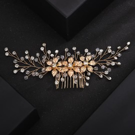 Teyglen Wedding Hair Comb Bridal Flower Rhinestone Hair Comb Headband Gold Silver Crystal Hair Pieces Vintage Headpieces Hair Jewelry for Bride Women Girls (Gold)