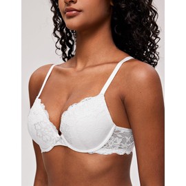 Deyllo Women's Push Up Lace Bra Comfort Padded Underwire Bra Lift Up Add One Cup White,34A