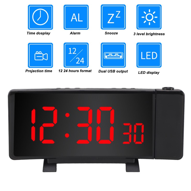 Projection Alarm Clock with 2 USB Ports LED Curved Display